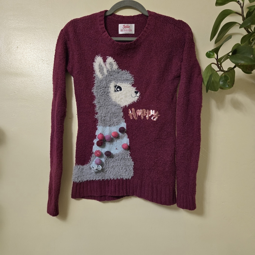Jolie Girls Burgundy Sweater with Llama Design